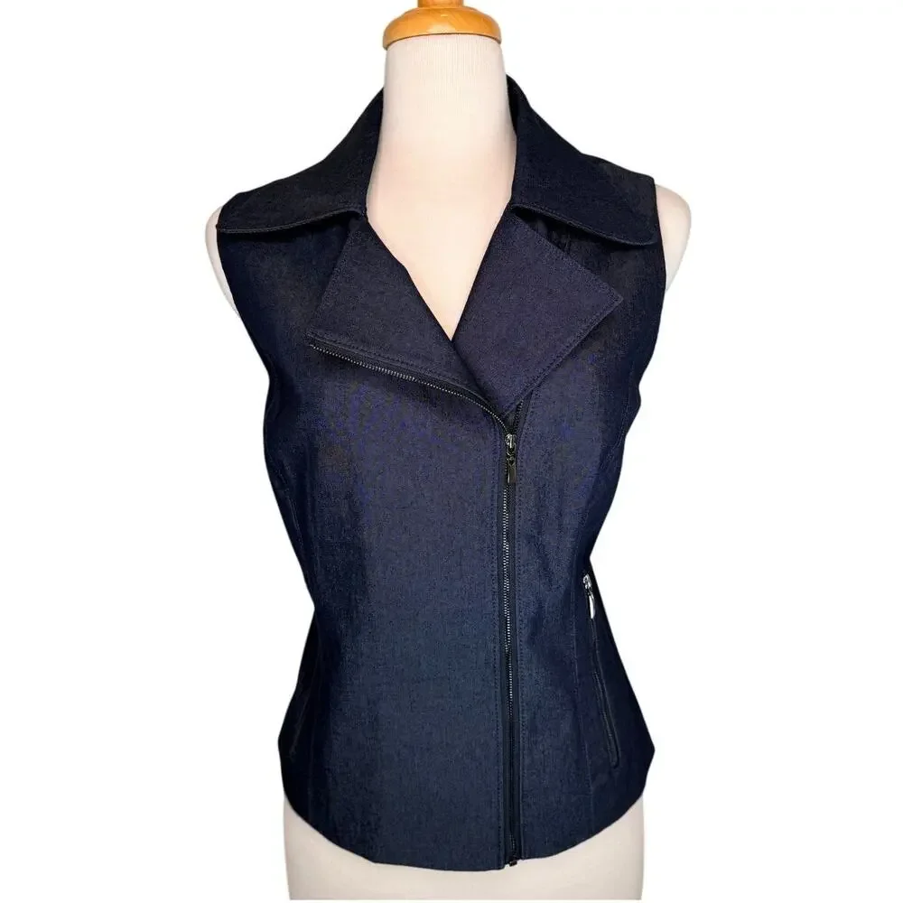 New York & Company Denim  Stretch Zip Front  Vest Navy Blue Tailored Size 10